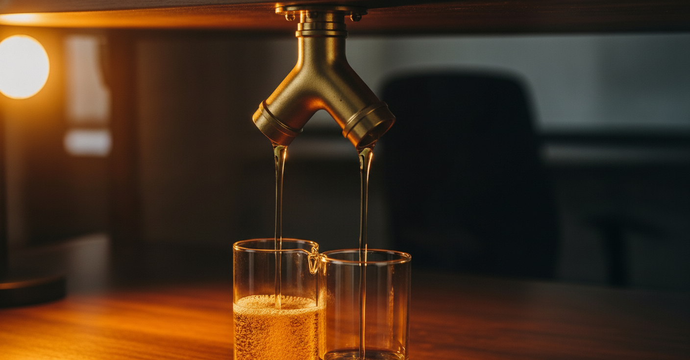 Divisor de latao em formato de Y com liquido dourado se separando em dois fluxos